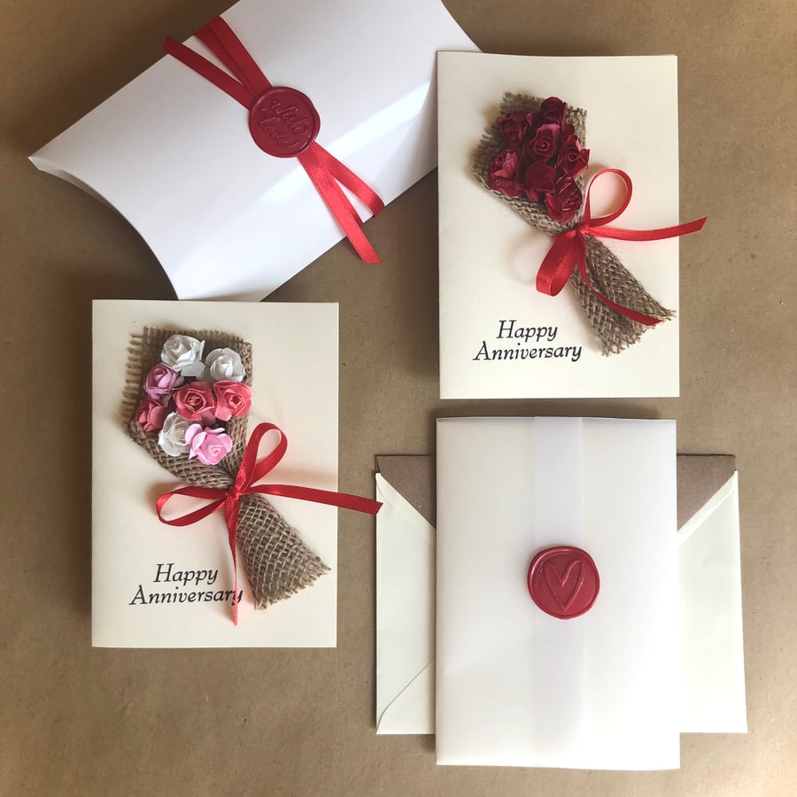 Red rose bouquet wedding anniversary card , personalised floral keepsake gift