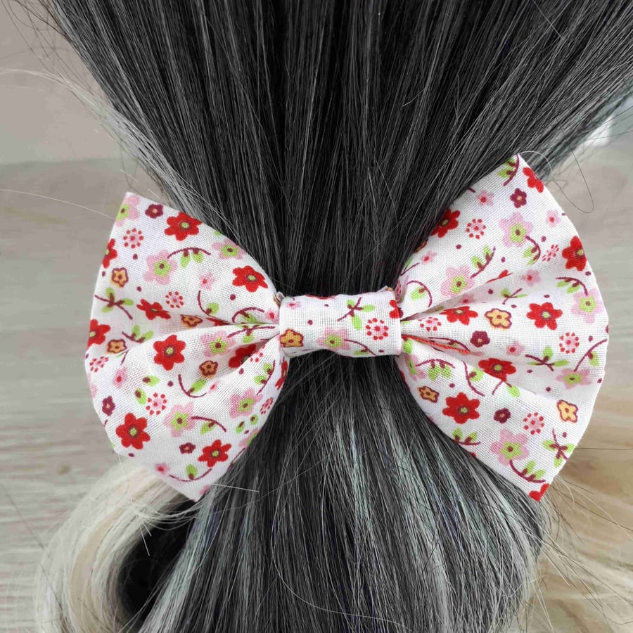 Handmade Hair Bows, Stretch Elastic Hair Ties bobbles, Red Floral Flower, A62