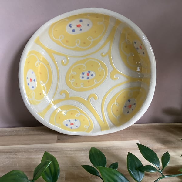 Handmade stoneware sgraffito yellow flower bowl
