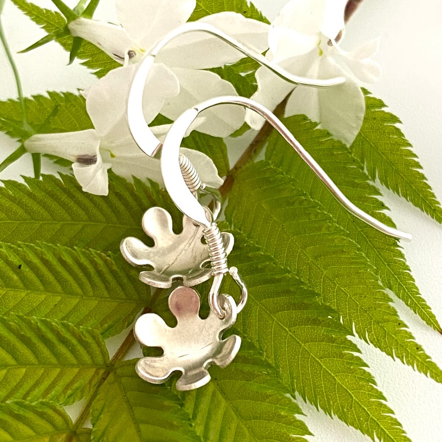 Tiny Little Sterling Silver flower Drop Earrings, drop, hook.2