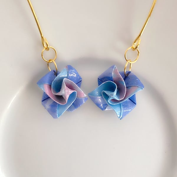 Elegant Handmade Paper Earrings - Tiny Rose Design - Gradient Jordy Blue 
