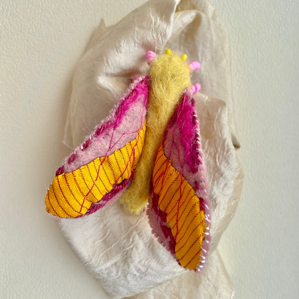 Rosy maple moth brooch, Felt ladies lapel pin, hand embroidered gift