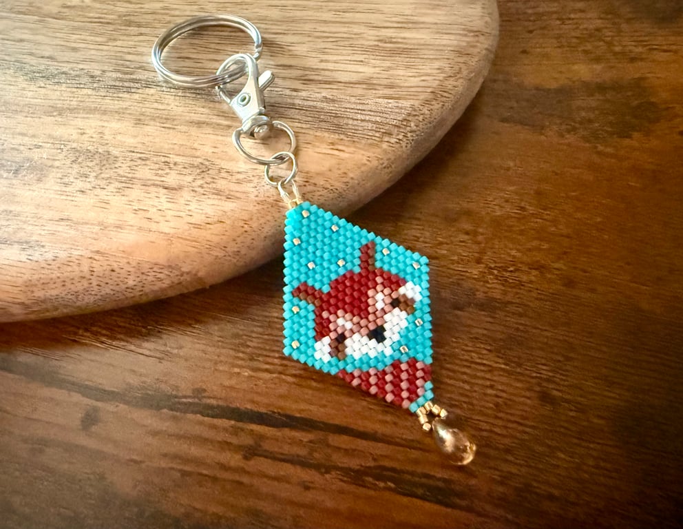 Handmade Red Panda Keyring – Beaded Charm with Czech Glass Teardrop