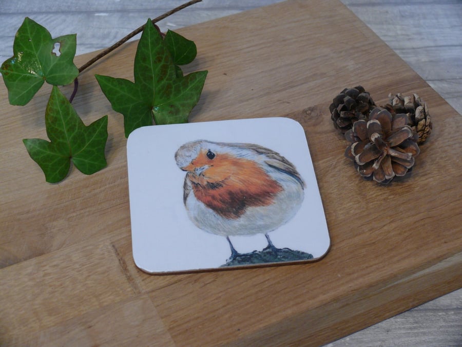 Robbie the Robin, cork backed coaster