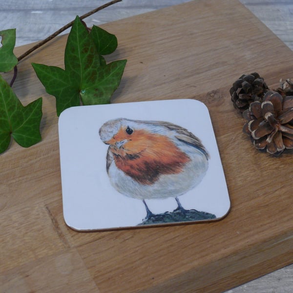 Robbie the Robin, cork backed coaster