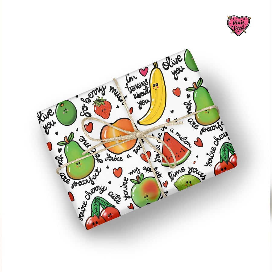 Fruity wrapping paper with punny fruit illustrations