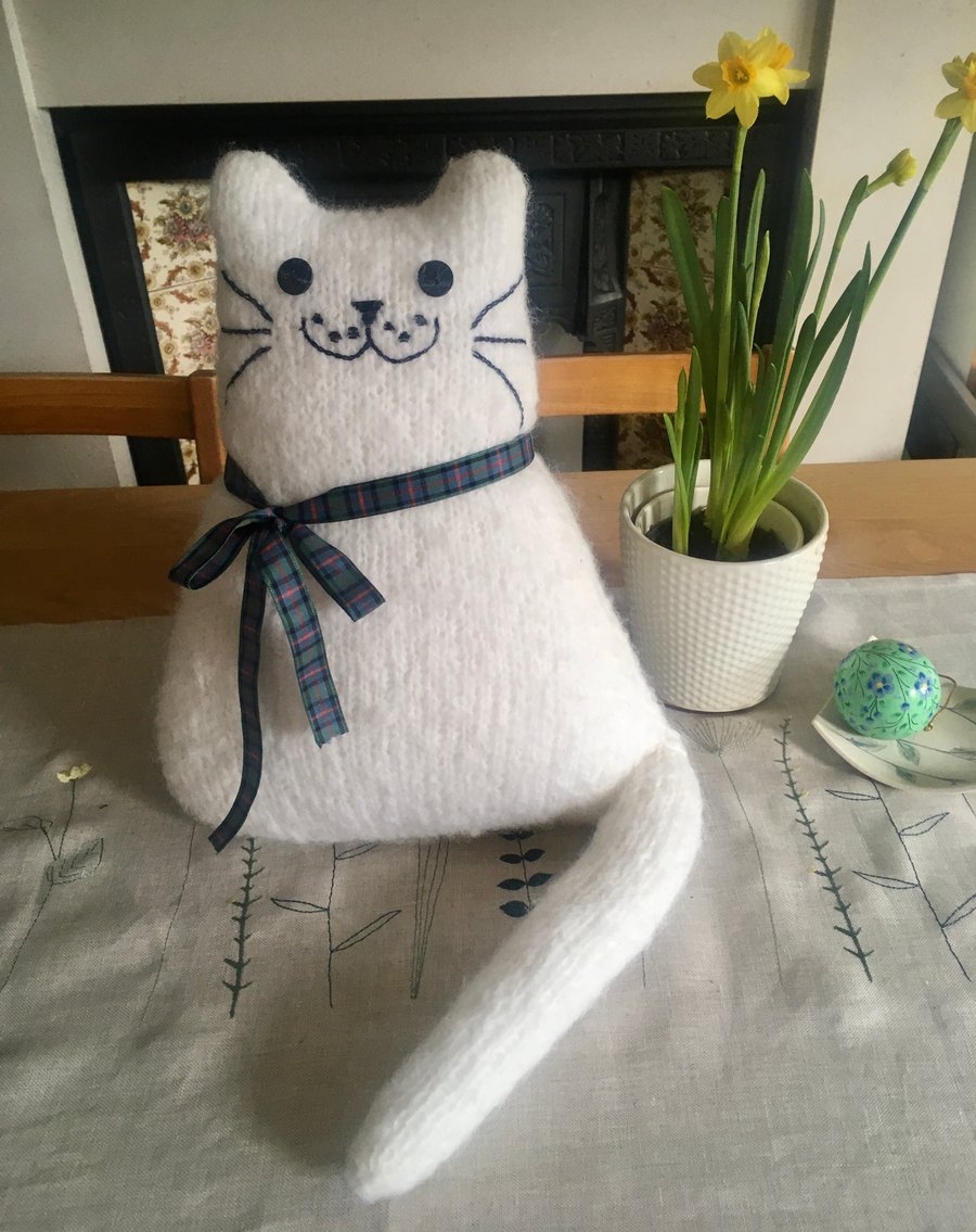 Hand knitted white mohair cat,   collectables, cat shaped cushion    