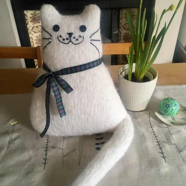 Hand knitted white mohair cat,   collectables, cat shaped cushion    