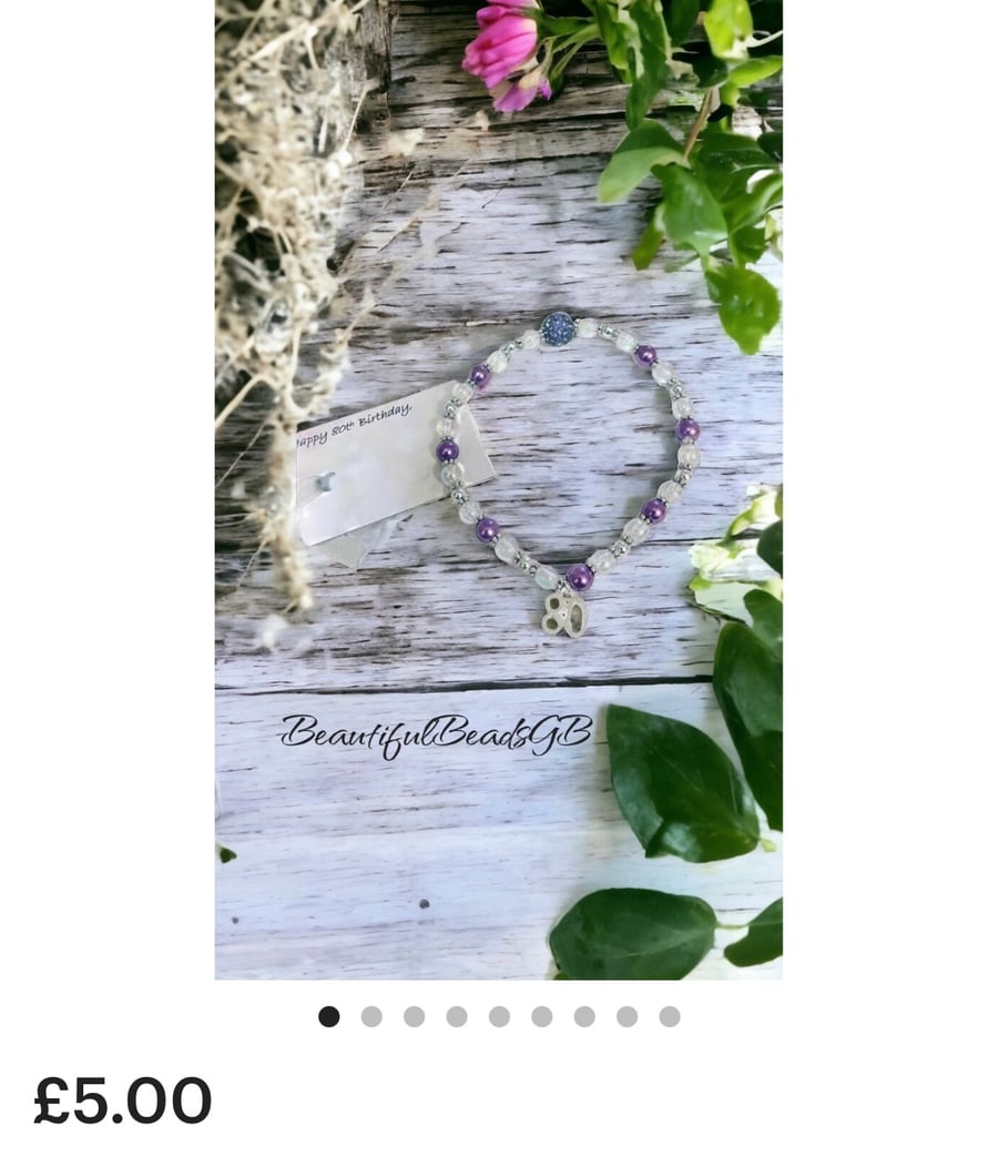 80th age charm purple and ab crystal stretch beaded bracelet milestone gift