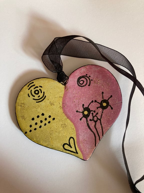 Gold and pink hand painted wooden heart