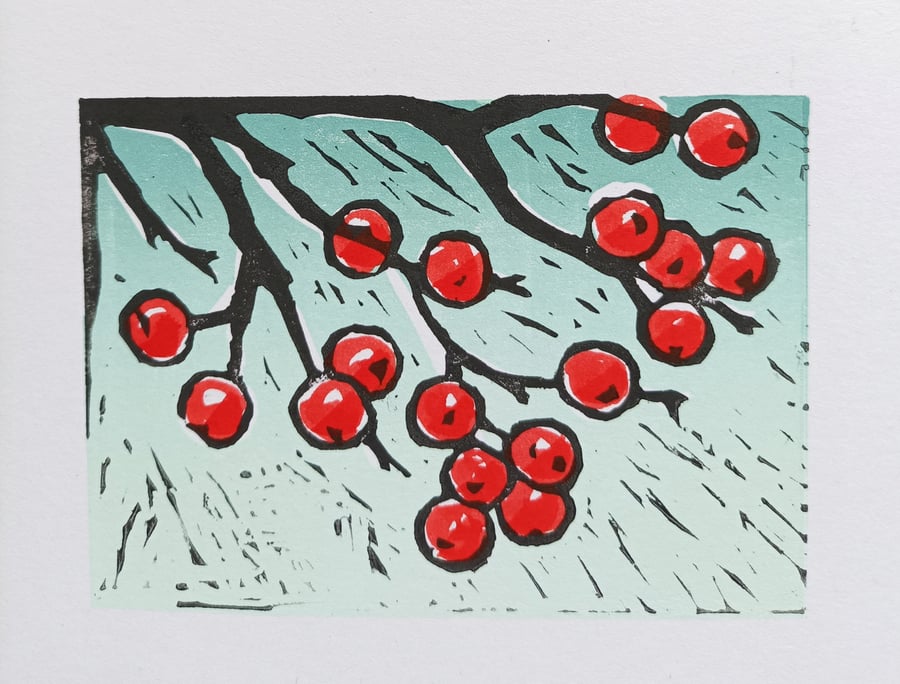 4 Hand Printed Lino Cut Christmas Cards - Winter Berries