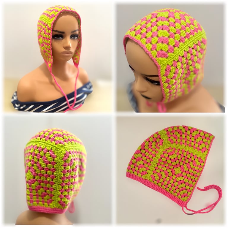Handmade Granny Square Crochet Bonnet Neon Pink and Green Retro Style Balaclava