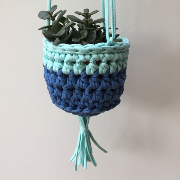Crochet hanging planter - denim blue and turquoise - free UK shipping