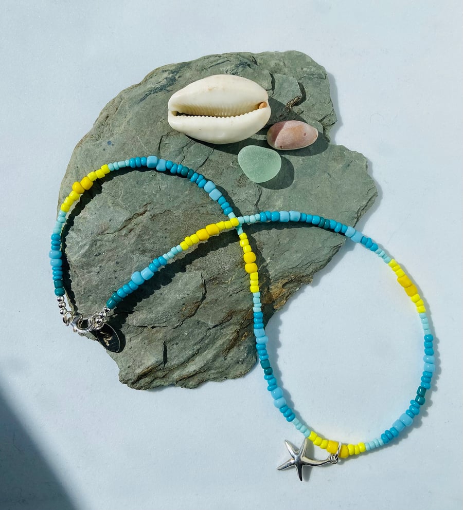 Beachy Turquoise & Yellow Bead Necklace with Sterling Silver Starfish