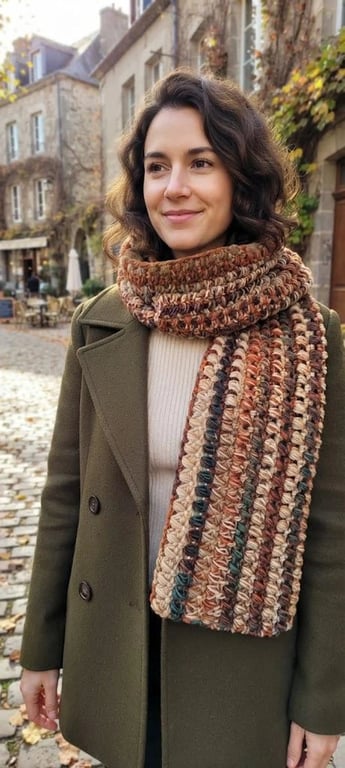 Double-Stranded Crochet Scarf: Rust, Teal, and Oatmeal Winter Wrap
