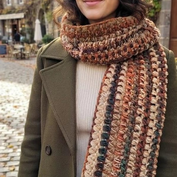 Double-Stranded Crochet Scarf: Rust, Teal, and Oatmeal Winter Wrap