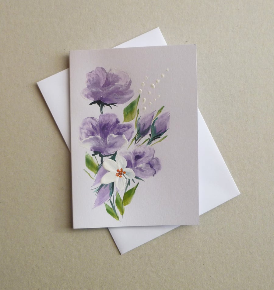 hand painted floral blank greetings card ( ref F 792 D4 )