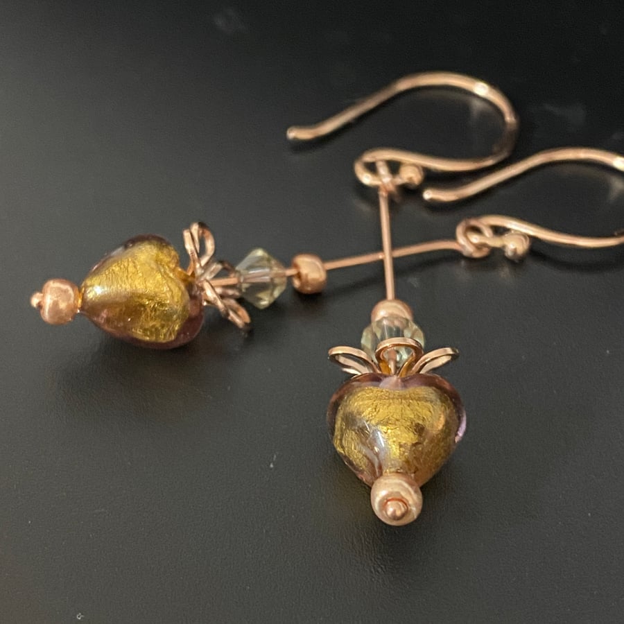 Rose Gold Light Amethyst Heart Earrings Murano Glass & Rose Gold plated Ag 