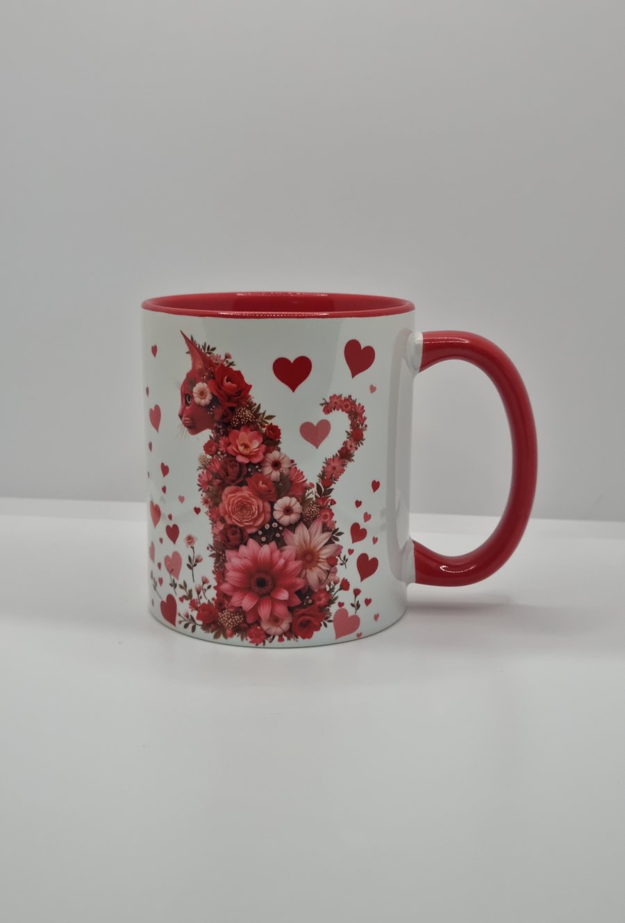 Cat Mug with hearts & flowers