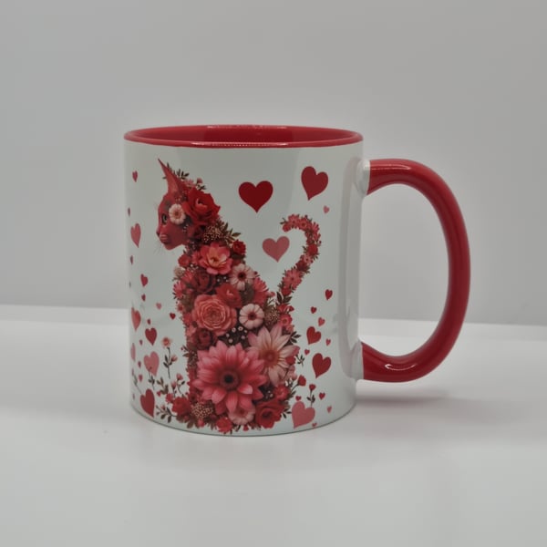 Cat Mug with hearts & flowers