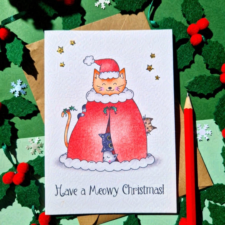 Funny Santa cat Christmas card, Meowy Christmas! Friend merry Christmas cat card