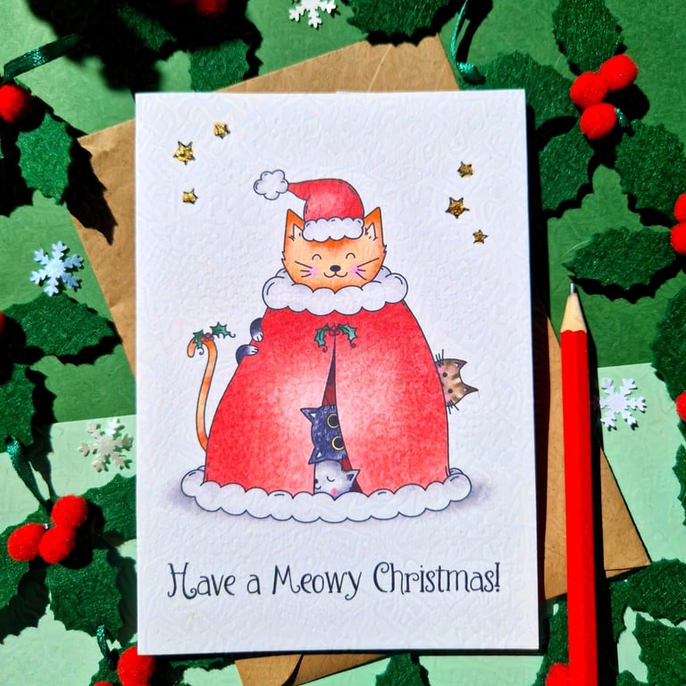 Funny Santa cat Christmas card, Meowy Christmas! Friend merry Christmas cat card