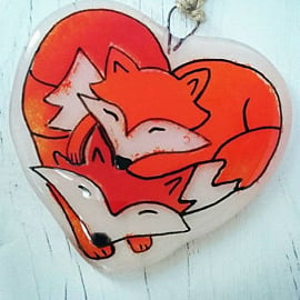 Fused Glass Foxy Love Heart Hanger, Valetines Day, Mothers Day, Fox, Love