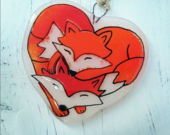 Fused Glass Foxy Love Heart Hanger, Valetines Day, Mothers Day, Fox, Love