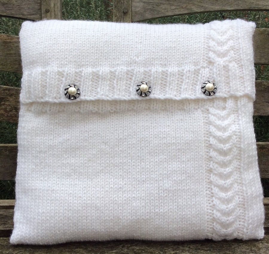 Hand knitted white cushion cover