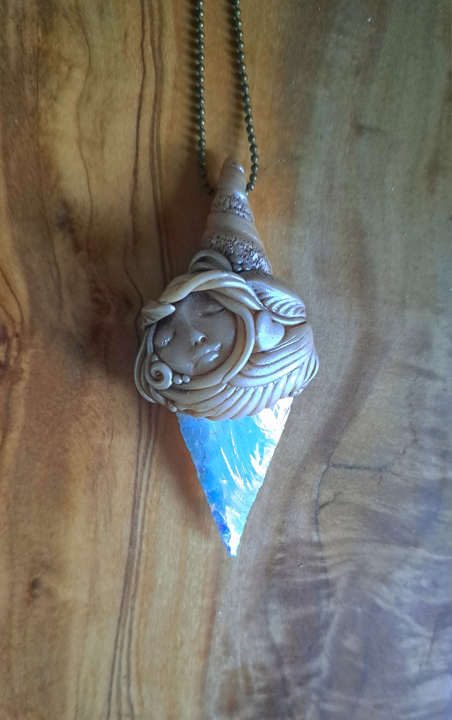 Aura Opalite Crystal and Polymer Clay Goddess Amulet Pendant 