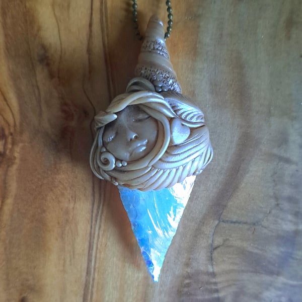 Aura Opalite Crystal and Polymer Clay Goddess Amulet Pendant 
