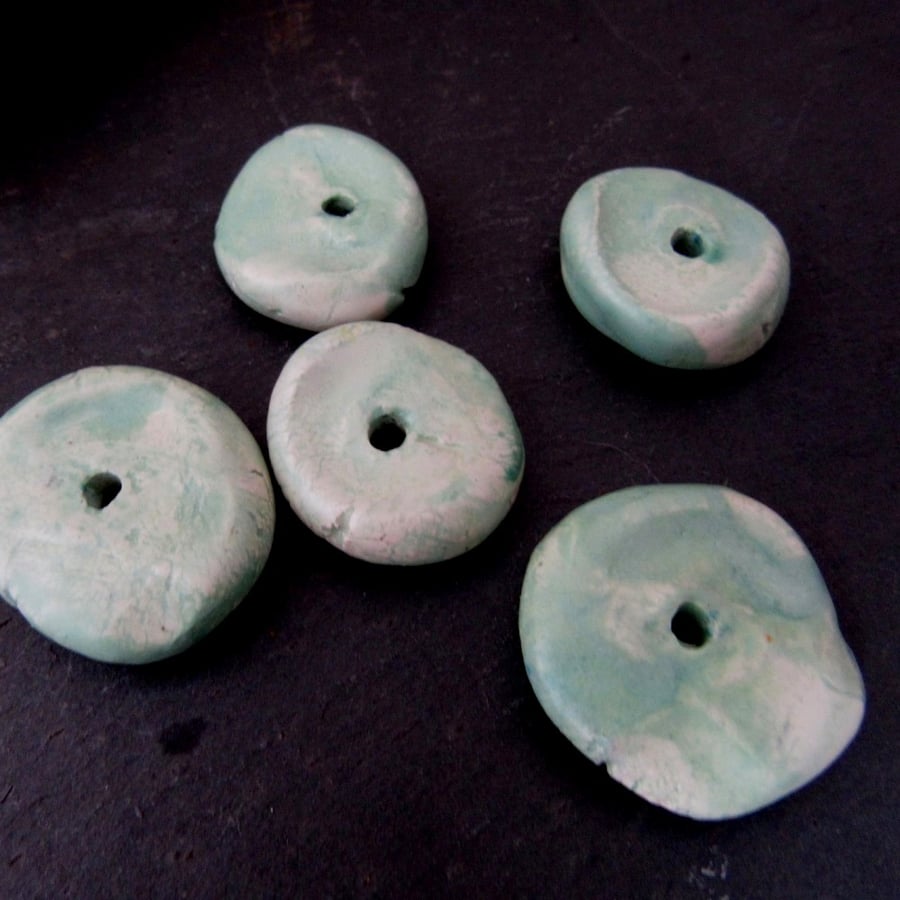 5 Medium Pale Green Glazed Chubby Disc Clay Beads