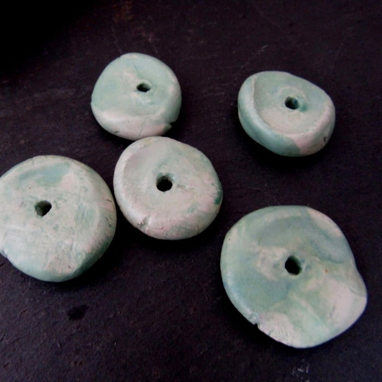 5 Medium Pale Green Glazed Chubby Disc Clay Beads