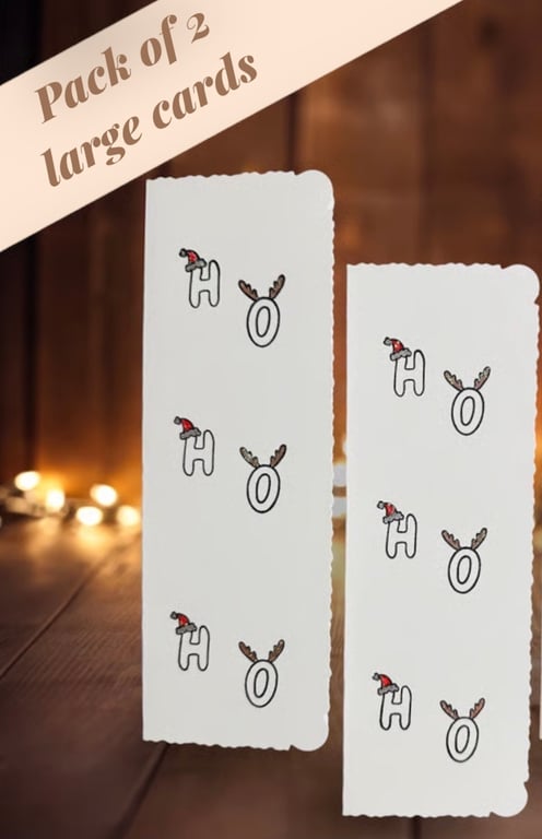 Packs of 2 Christmas cards, glittery Ho Ho Ho, hand printed & painted. 