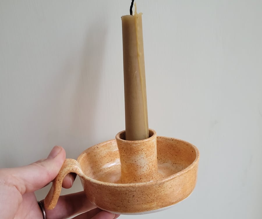 Speckled beige pottery candle holder with handle, pottery gift Seconds Sunday 