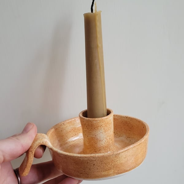 Speckled beige pottery candle holder with handle, pottery gift Seconds Sunday 