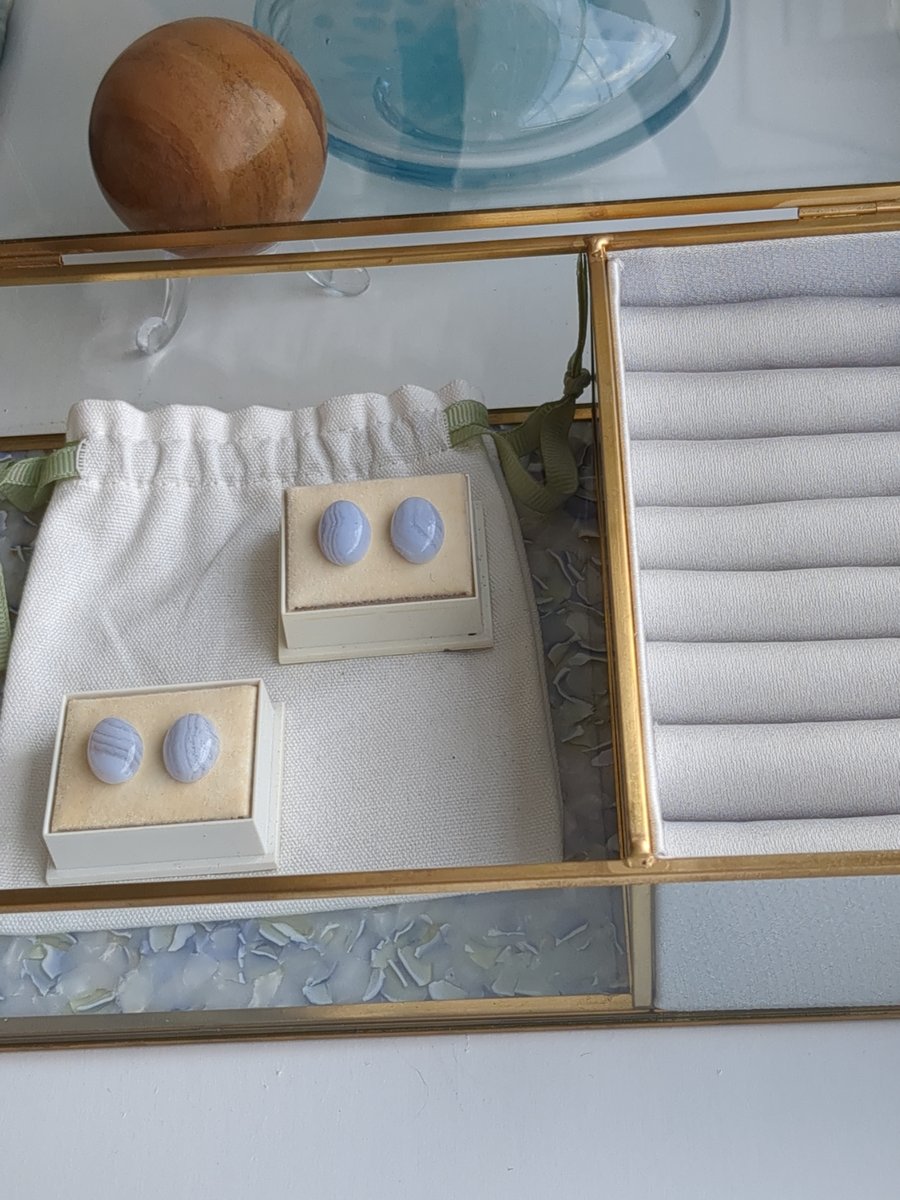 Blue lace agate cabochon stud earrings 
