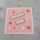Luxury Birthday Card Pink with White Flowers & Kraft Hearts 3d Effect - Blank 