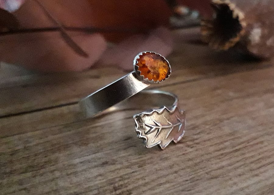 Oak Leaf Amber Ring open adjustable size T