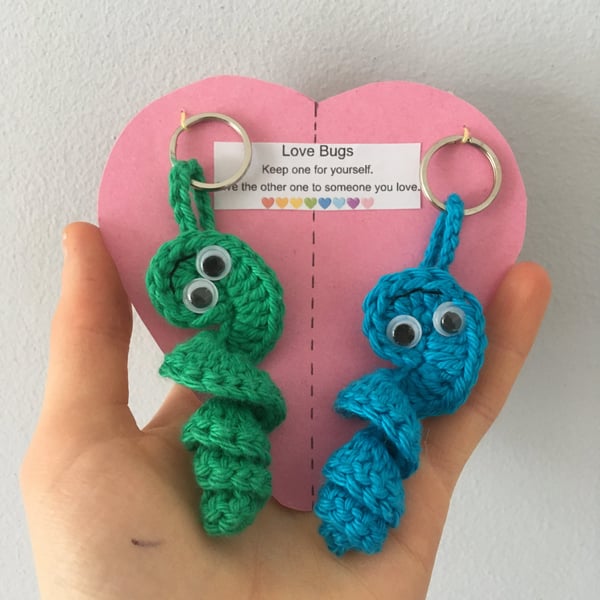 Crochet Love Bug Keyring, Light Blue And Green, Anniversary Gift