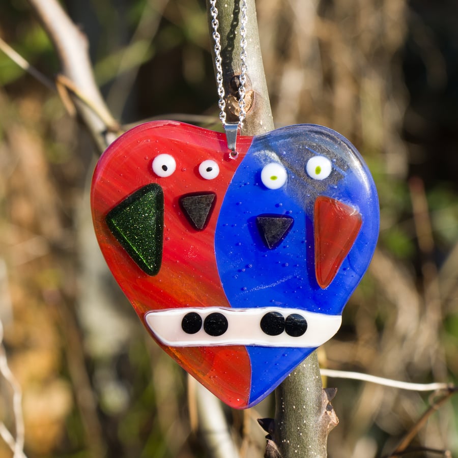 Red and Blue Fused Glass Lovebirds - 6190