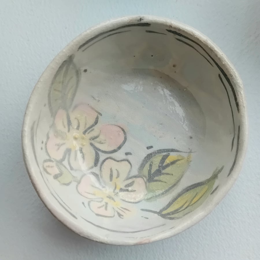 Ceramic trinket dish handpainted rustic earthenware pottery- blossom 2