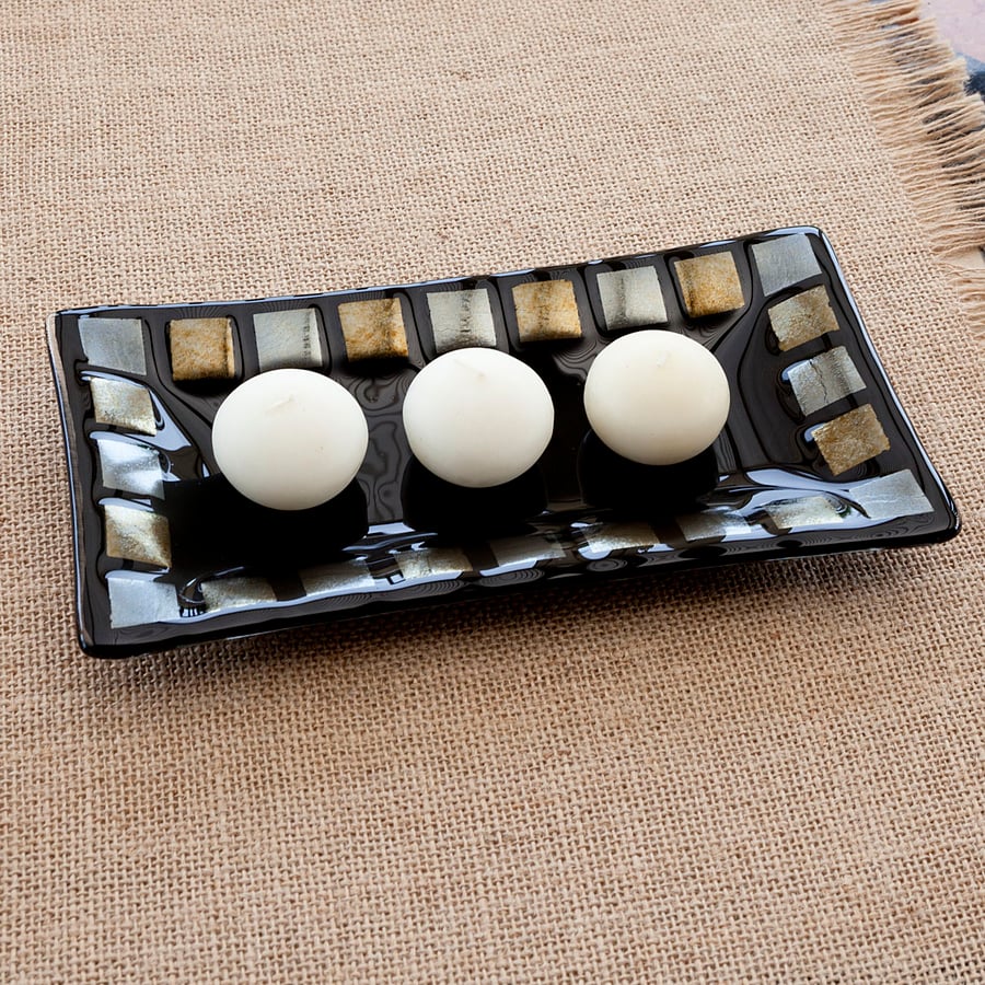 Elegant Black, Silver and Gold Fused Glass Decorative Rectangular Plate