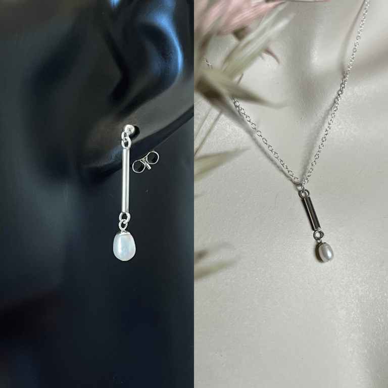 Handmade Rice Pearl Bar Drop Earrings & Pendant Set