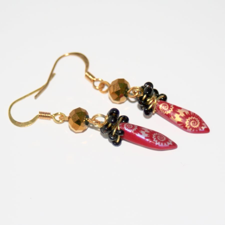 Red, black and gold dagger earrings