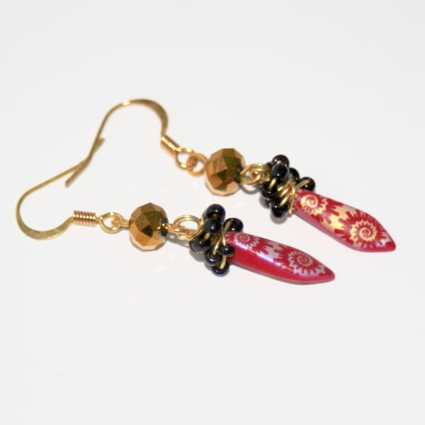 Red, black and gold dagger earrings