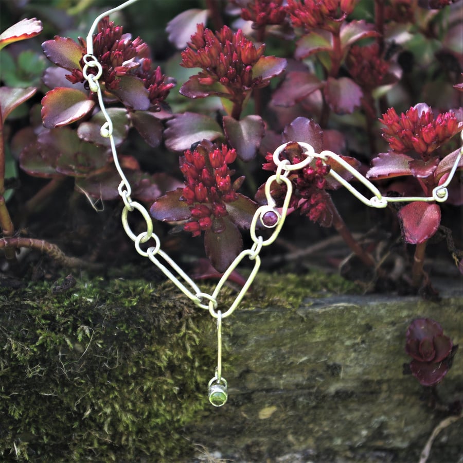 Eco Silver Chain Link Necklace with Ruby and Peridot 