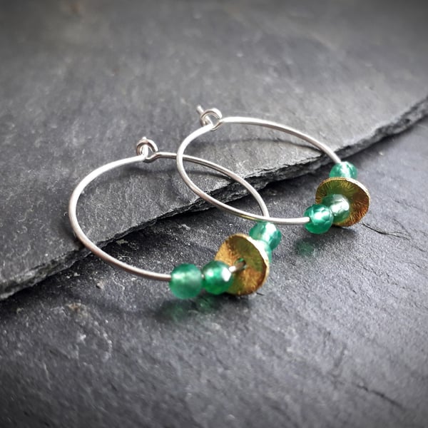 Sterling Silver Hoops - Green Onyx and Gold Vermeil 