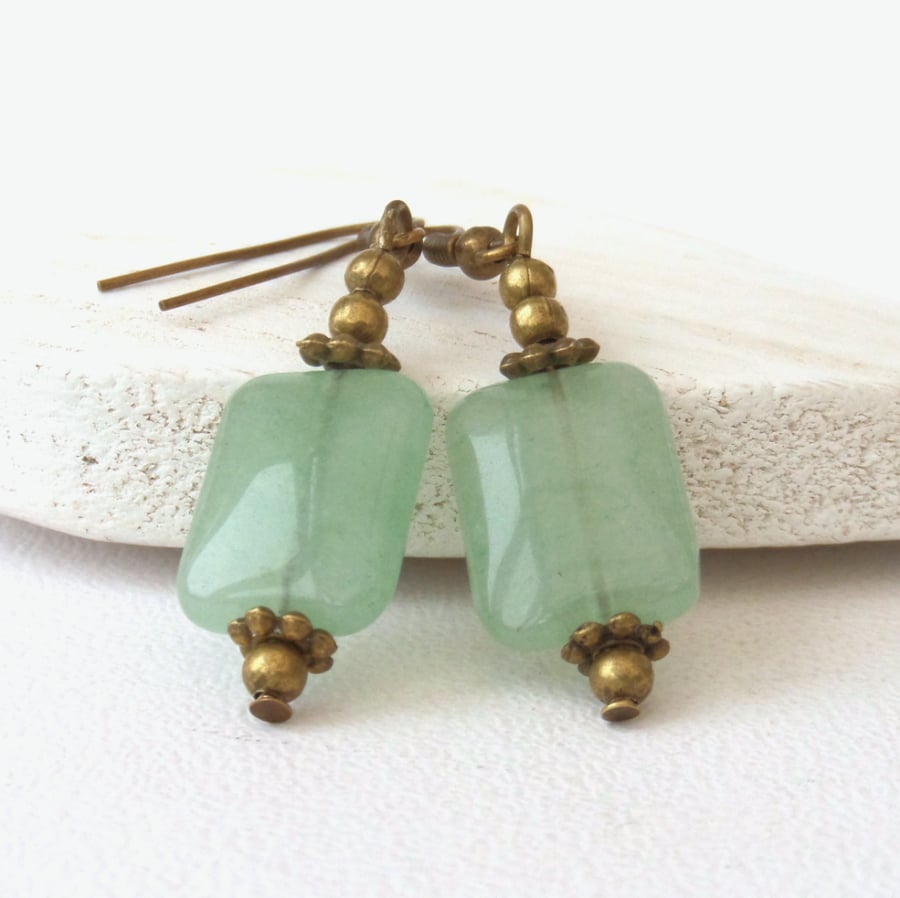 Green aventurine bronze earrings, vintage inspired