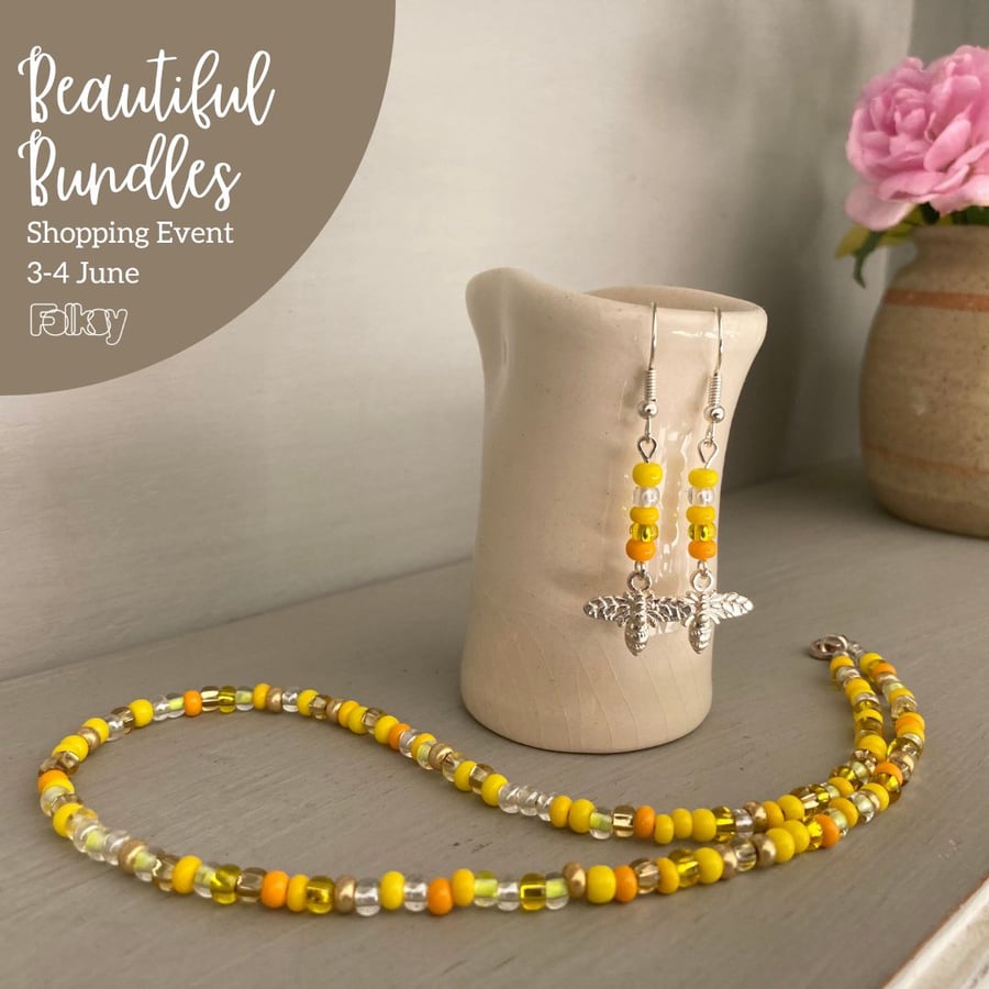 Beautiful Bundle, shades of yellow seed-bead necklace and bee earrings set